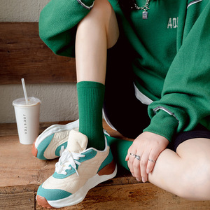 袜子女春绿色春秋薄款夏季纯棉ins潮彩色中筒堆堆袜长超火网红款