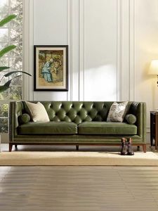 美式轻奢真皮沙发复古皮艺直排沙发客厅三人位沙发墨绿色拉扣沙发