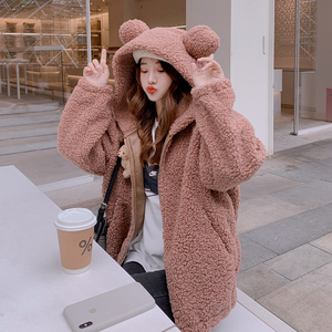 韩版宽松网红小熊羊羔毛连帽短外套女2021年秋冬新款加厚保暖棉服