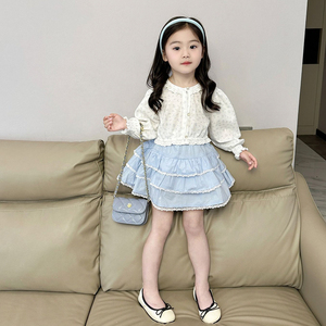 女童蓝色半身裙2024春秋季新款小女孩蛋糕裙套装百搭洋气韩版裙子
