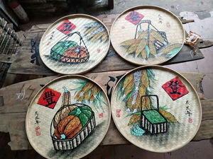 竹筛子圆簸箕画竹扁筛竹编圆形挂件火锅饭店酒楼墙壁挂饰复古装饰