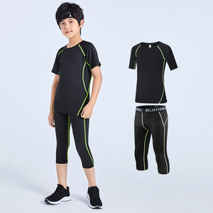 儿童运动紧身衣训练服夏季跑步护膝七分裤短袖套装篮球足球速干衣