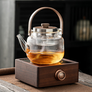 琨德胡桃木电陶炉煮茶器玻璃烧水壶泡茶专用电热茶炉茶具2023新款