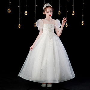 儿童礼服公主裙白色女童高端生日婚纱裙小女孩洋气蓬蓬纱花童长裙