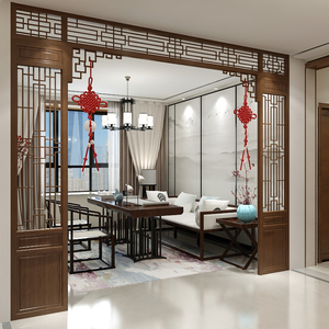 中式实木入户玄关挡装饰墙月亮门屏风隔断客厅古典古风简约现代