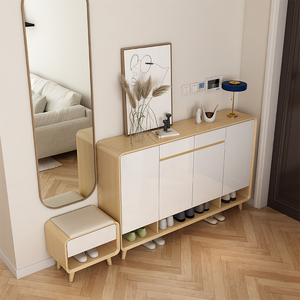 北欧入户鞋柜白色烤漆门原木色实木框架带换鞋凳可坐式门厅置物柜