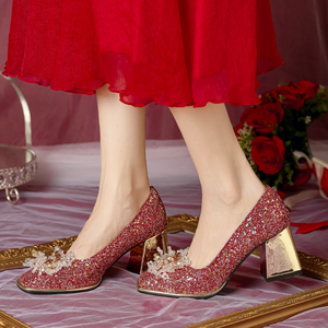 法式红色水晶高跟鞋粗跟敬酒服婚鞋禾秀婚纱两穿新娘鞋不累脚单鞋