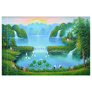 荷花绿水青山装饰画聚宝盆仙鹤招财流水生财卧室墙贴画壁画自粘画