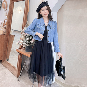 复古牛仔小外套短款配黑色不规则纱裙两件套裙女春季新款连衣裙潮