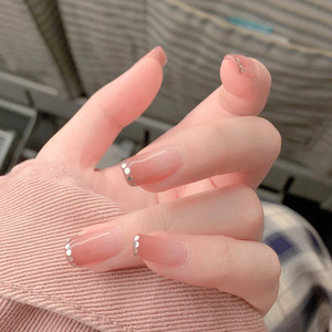 2020年春夏款果冻粉色渐变穿戴甲法式亮片美甲贴片手工可拆卸定制