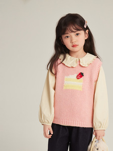 女童粉色草莓蛋糕针织背心韩版童装宝宝马甲春装儿童百搭无袖毛衣