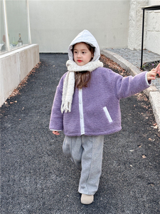 冬季新款女童韩版时髦加厚棉衣儿童棉服宝宝拼接连帽毛绒保暖外套