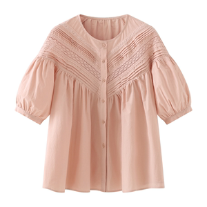 艾格ES粉色纯棉短袖衬衫女夏季2024新款小个子蕾丝圆领泡泡袖上衣