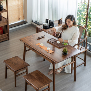 黑胡桃木新中式阳台茶桌椅凳组合老榆木实木禅意泡茶台小户型原木