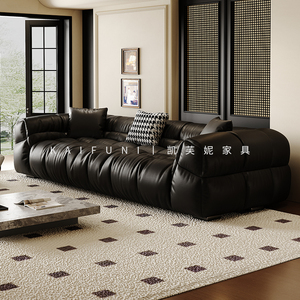 意式极简棉花糖黑色真皮沙发客厅头层牛皮现代简约网红奶油风复古