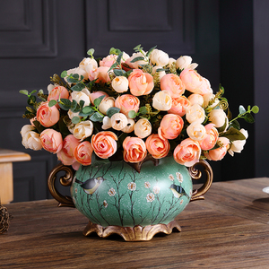 美式陶瓷花瓶创意摆件复古欧式客厅装饰品仿真干花客厅插花器花艺