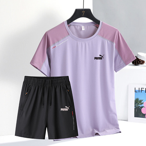 品牌冰丝速干运动短袖套装女夏季户外跑步健身T恤羽毛球服两件套