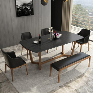 北欧黑色火烧石餐桌简约现代家用实木长方形火山石小户型吃饭桌子