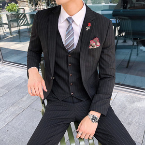 高档条纹西服套装男青年修身韩版帅气夜场小西装英伦新郎结婚礼服