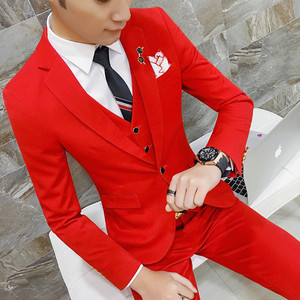 夏季潮男士红色修身休闲西服套装男韩版小西装三件套新郎结婚礼服