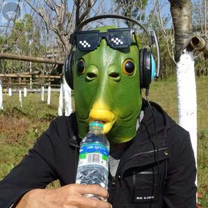 绿鱼人头套剁椒鱼头喝水兔二哈奔波霸熊卡通独角兽驴头舞搞笑恐龙