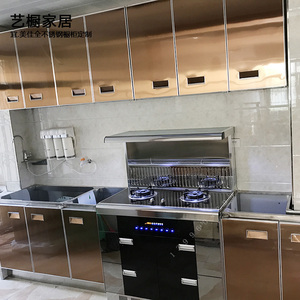 整体厨房不锈钢橱柜定制厨房 家用柜门玫瑰金橱柜厨房地柜 石英石