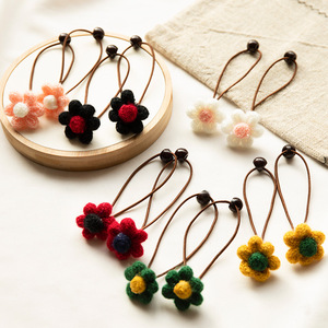 一对装花朵绿色毛线编织发绳 女孩不伤发百搭耐用黑色拉拉绳发饰