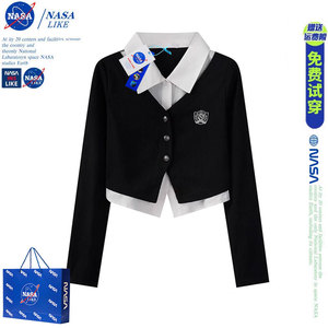 NASA美式polo领针织衫女春季设计感小众假两件长袖学院风开衫上衣