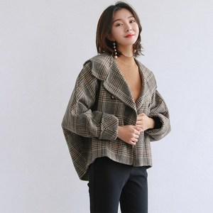 双面呢蝙蝠袖斗篷外套女秋冬宽松毛呢外套女短款2018流行格子大衣