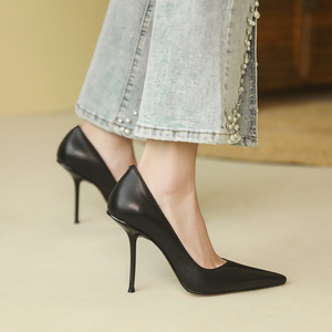 超高跟!尖头高跟鞋女10厘米细跟2022年新款气质矮个子羊皮单鞋女