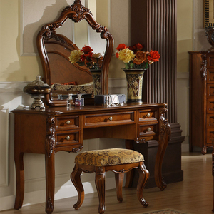 美式实木梳妆台 卧室带灯小户型轻奢化妆桌 欧式复古一体式收纳柜