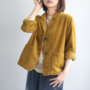 2021春季文艺复古灯芯绒短款西装外套女宽松百搭休闲西服条绒上衣