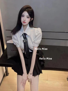 2023夏季新款韩版女JK学院风时尚减龄山茶花领带衬衫mini半裙套装