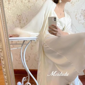 法式婚礼晨袍女新娘伴娘白色羽毛睡袍仙女大码性感吊带睡裙两件套