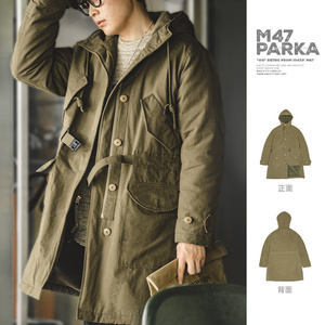 马登工装 美式复古M47派克服重磅大衣连帽保暖中长款棉衣外套男冬