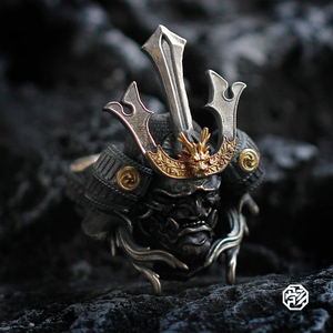 骸原创设计天戟日本武士戒指925纯银男士甲胄大铠面具足国风国潮