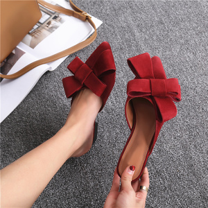2020夏季蝴蝶结尖头真皮粗跟百搭包头坡跟一字拖平底半拖女凉拖鞋