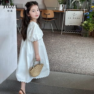 女童连衣裙2024夏季新款洋气方形法式领口公主裙儿童全棉花边裙子