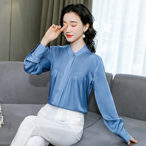 真丝衬衫女士2022新款春夏无领长袖大码燕尾褶皱垂顺时尚气质衬衣