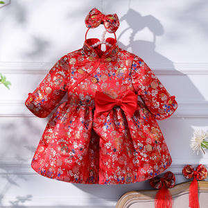 抓周礼服女宝宝公主裙女童生日周岁宴会红色中式儿童唐装旗袍春秋