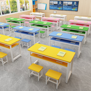 中小学校学生课桌椅组合长条桌彩色辅导班补习班单双人双层培训桌