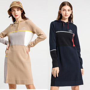 fila 斐乐连衣裙 长袖连帽套头卫衣 撞色拼接编织长裙f11w116308f