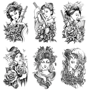 纹身贴防水男女黑色艺伎龙女善恶面具手臂大腿遮痕仿真一次性贴画
