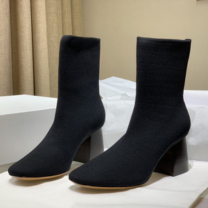 秋冬新款羊皮飞织中筒袜靴方头粗跟经典针织袜子女靴真皮大底7cm