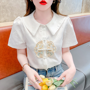 新中式刺绣短袖衬衫女夏季2024年新款娃娃领百搭国风小衫气质上衣