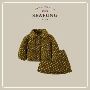 英国Seafung童装~女童套装冬季时尚保暖棉服儿童碎花裙加厚两件套