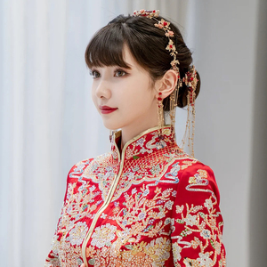 秀禾头饰新娘2021新款简单大气中式红色凤冠婚礼秀禾服圆脸发饰女