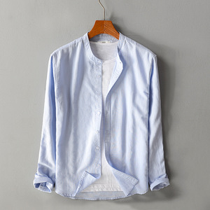 日系衣服商务休闲款竖领男士长袖棉麻衬衫青年天蓝色立领衬衣秋季