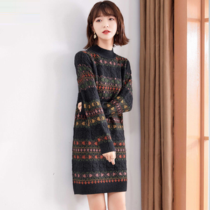 秋冬羊毛衫针织冬季打底衫女中长款毛衣宽松外穿拼色加厚保暖内搭