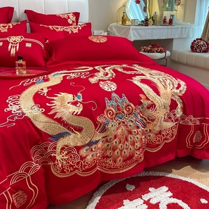 新中式高档红色龙凤结婚四件套喜被纯棉全棉婚庆陪嫁床单床上用品